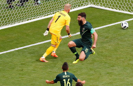 Soccer Football - World Cup - Group C - Denmark vs Australia - Samara Arena, Samara, Russia - June 21, 2018 Australia's Mile Jedinak celebrates scoring their first goal REUTERS/David Gray