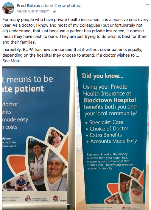 A doctor has called out Bupa on Facebook. Photo: Facebook