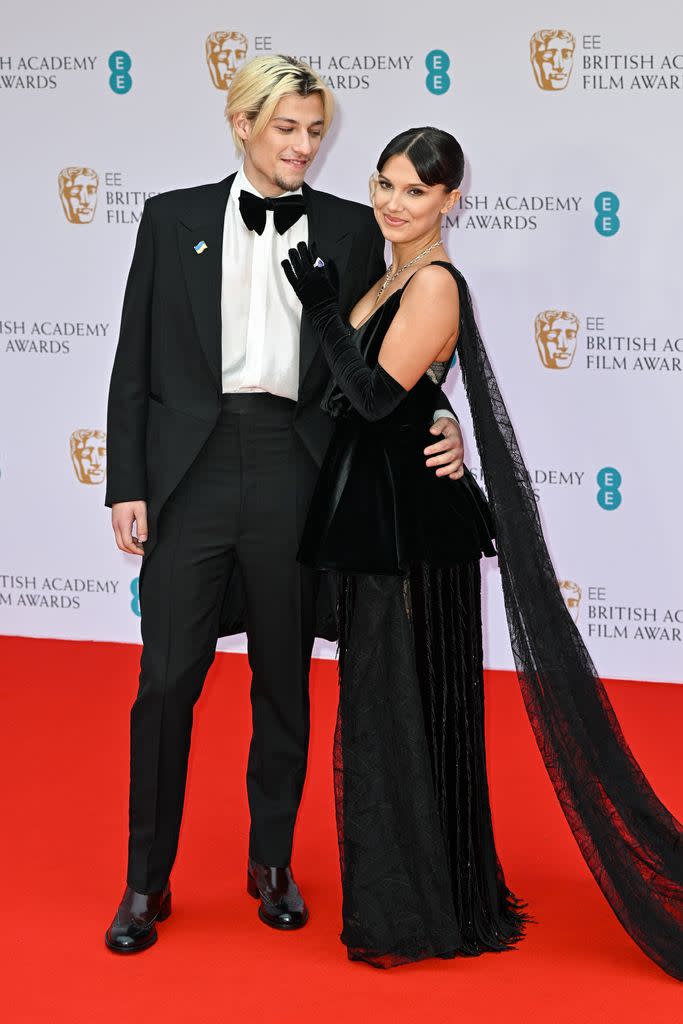 LONDON, ENGLAND - MARCH 13: Jake Bongiovi and Millie Bobby Brown attend the EE British Academy Film Awards 2022 at Royal Albert Hall on March 13, 2022 in London, England. (Photo by Stephane Cardinale - Corbis/Corbis via Getty Images)