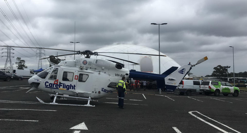 A CareFlight helicopter is pictured in an Eastern Creek carpark in Sydney.