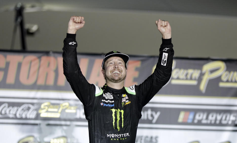 Kurt Busch celebrates after winning a NASCAR Cup Series auto race Sunday, Sept. 27, 2020, in Las Vegas. (AP Photo/Isaac Brekken)