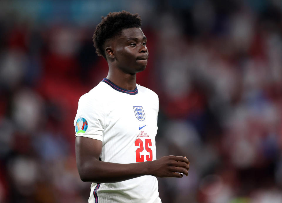 Soccer Football - Euro 2020 - Final - Italy v England - Wembley Stadium, London, Britain - July 11, 2021 England's Bukayo Saka looks dejected after losing the penalty shootout Pool via REUTERS/Carl Recine