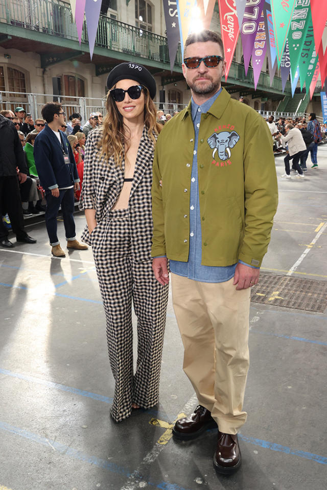 Jessica Biel Wears Plaid Suit & Bikini Top With Justin Timberlake at the  Kenzo Show in Paris