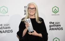 Jane Campion poses with the director tribute award at the Gotham Awards at Cipriani Wall Street on Monday, Nov. 29, 2021, in New York. (Photo by Evan Agostini/Invision/AP)