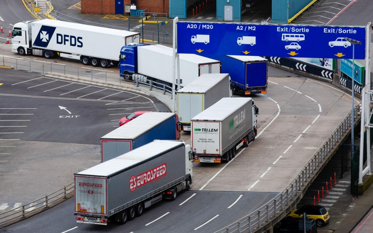 Freight lorries queue to exit at the Port of Dover - Luke MacGregor/Bloomberg