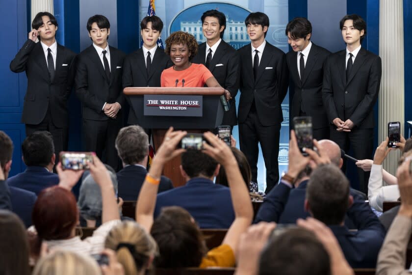 WASHINGTON, DC - MAY 31: Members of the South Korean pop group BTS or Bantam Boys, arrive for the daily press briefing with Press Secretary Karine Jean-Pierre at the White House, on Tuesday, May 31, 2022 in Washington, DC. BTS met with U.S. President Joe Biden to discuss Asian inclusion and representation, and to discuss the recent rise in anti-Asian hate crimes. (Kent Nishimura / Los Angeles Times)