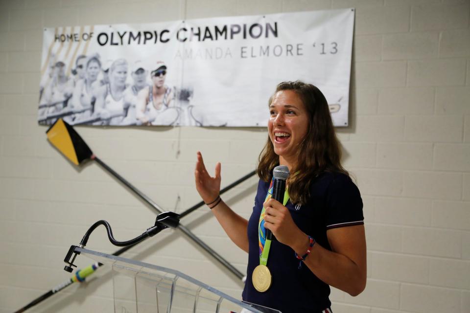 Harrison and Purdue graduate and 2016 Olympic gold medalist Amanda Elmore recounts her selection to the USA women's eight Thursday, September 8, 2016, during a reception in her honor at the Purdue Boathouse, 500 Brown Street in West Lafayette. Elmore called her selection to the team a "dream come true."