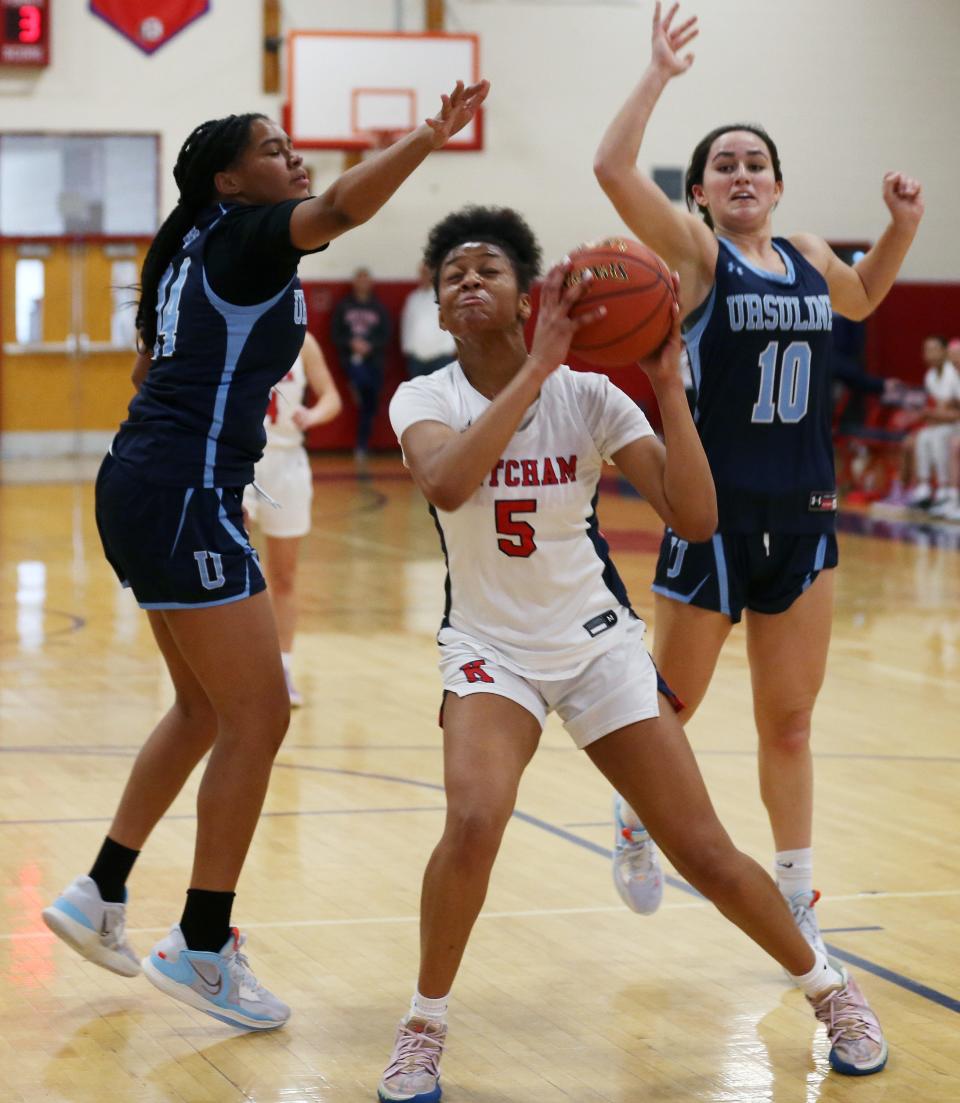 Ketcham's Nia Rencher (5) in action against Ursuline during girls basketball action at Roy C. Ketcham High School in Wappingers Falls Dec. 28, 2022. 