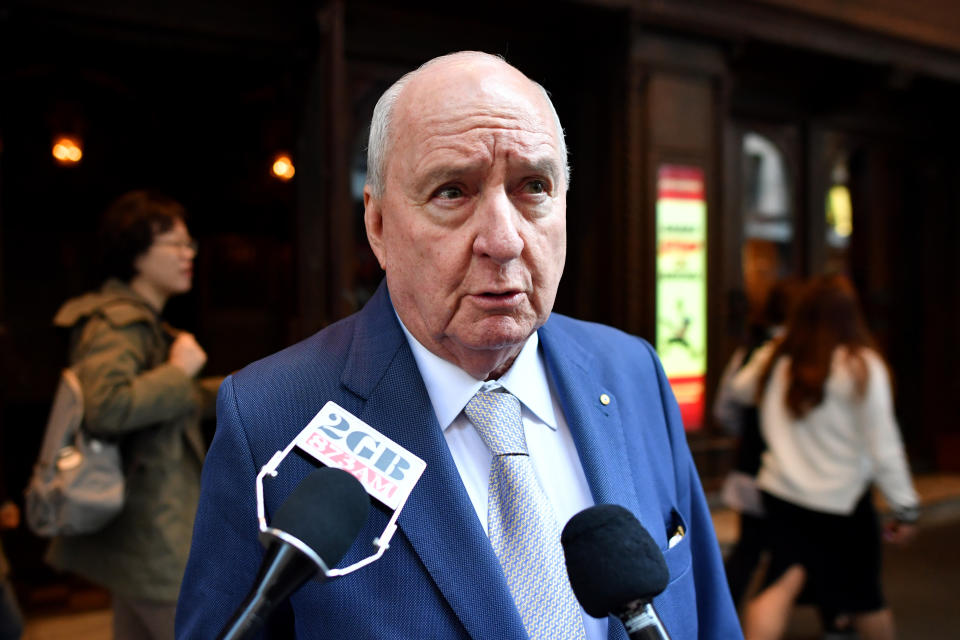 Alan Jones speaks to the media at the memorial of Harry M Miller at the Capitol Theatre in Sydney in August 2018. Jones has been criticised for saying PM Scott Morrison should 'shove a sock down' New Zealand's PM Jacinda Ardern.