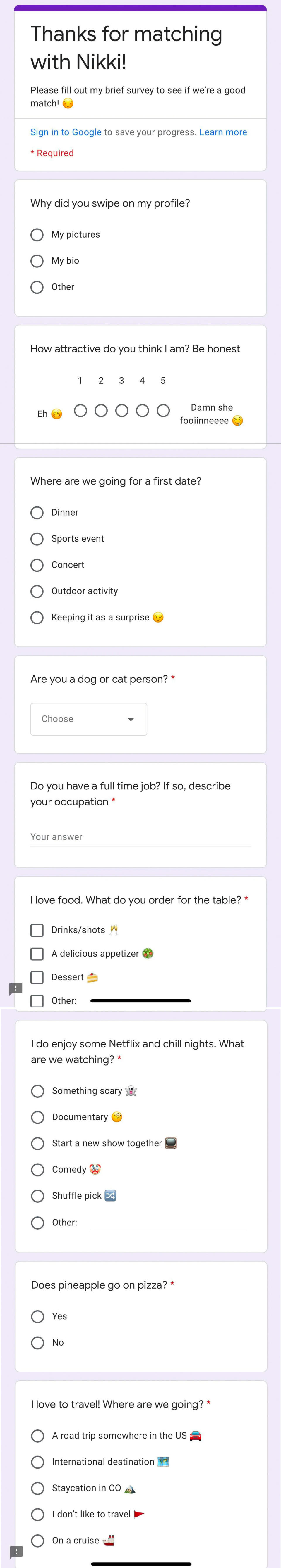 A survey titled "Thanks for matching with Nikki" that then asks several specific questions about where they would go on a date and what the person's interests are