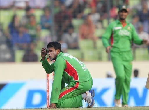 Bangladesh cricketer Shakib Al Hasan grimaces during his side's Asia Cup one-day international final against Pakistan in Dhaka on March 2012. The Bangladesh high court on Thursday ordered the national team's upcoming tour of Pakistan to be postponed for at least four weeks due to fears about militants targeting foreign cricket sides