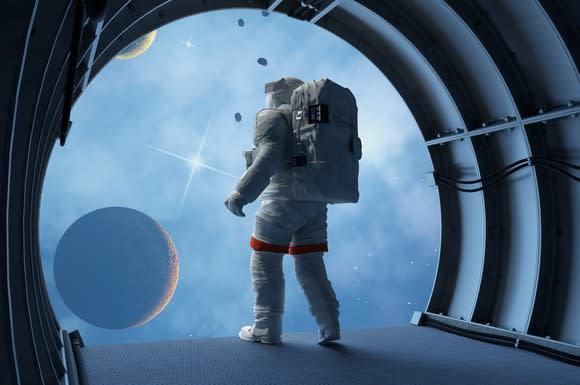 Painting of a fully suited astronaut gazing through a giant circular window at a moon