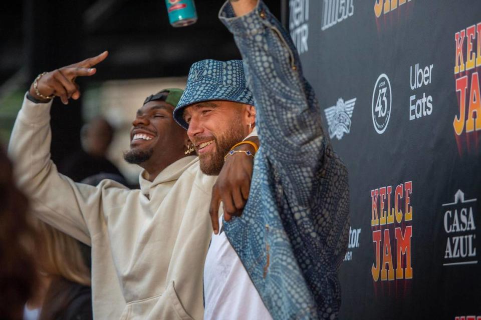 Kansas City Chiefs wide receiver Marquez Valdes-Scantling, left, joined tight end Travis Kelce on the red carpet before Kelce Jam at Azura Amphitheater on Friday.