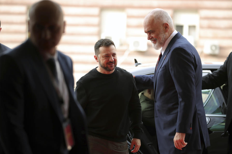 Albanian Prime Minister Edi Rama, right, welcomes Ukrainian President Volodymyr Zelenskyy before their meeting in Tirana, Albania, Wednesday, Feb. 28, 2024. Albania hosts on Thursday a summit of Southeastern European countries on peace, security and cooperation, focused on the war in Ukraine. (AP Photo/Armando Babani)