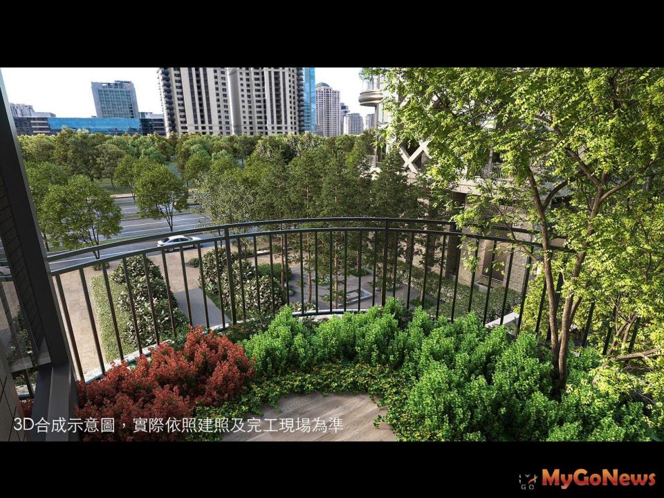 ▲「台灣隱賦」擁南向市政府廣場、七期曼哈頓大景的帝王視角，環抱在「圓弧宜居建築」的自然綠意之中