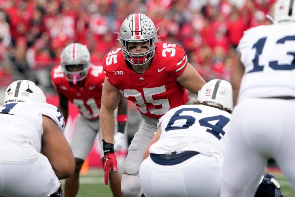 Oct 21, 2023; Columbus, Ohio, USA; Ohio State Buckeyes linebacker Tommy Eichenberg (35) watches the Penn State Nittany Lions office before the start of the play during the second quarter of their game at Ohio Stadium.