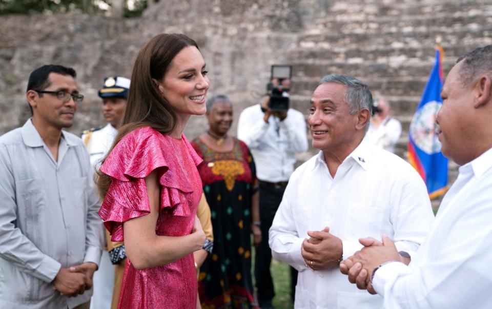 Kate Middleton speaks with Prime Minister of Belize Johnny Briceno during a special reception celebrating Her Majesty The Queen's Platinum Jubilee, March 2022