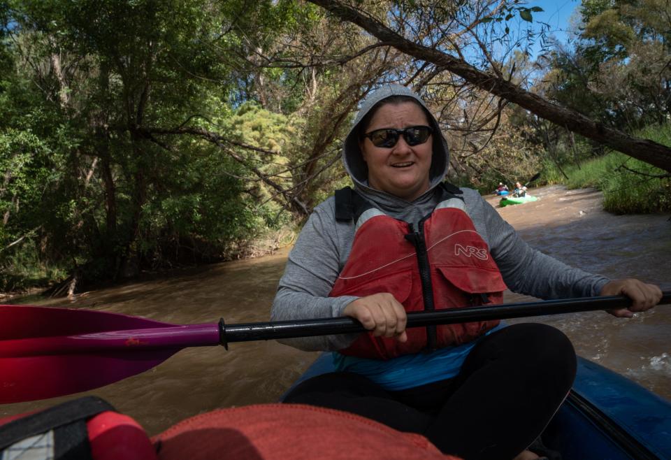 Kim Schonek (TNC Arizona water program director) kayaks the Verde River, Oct. 3, 2022, near Camp Verde, Arizona.