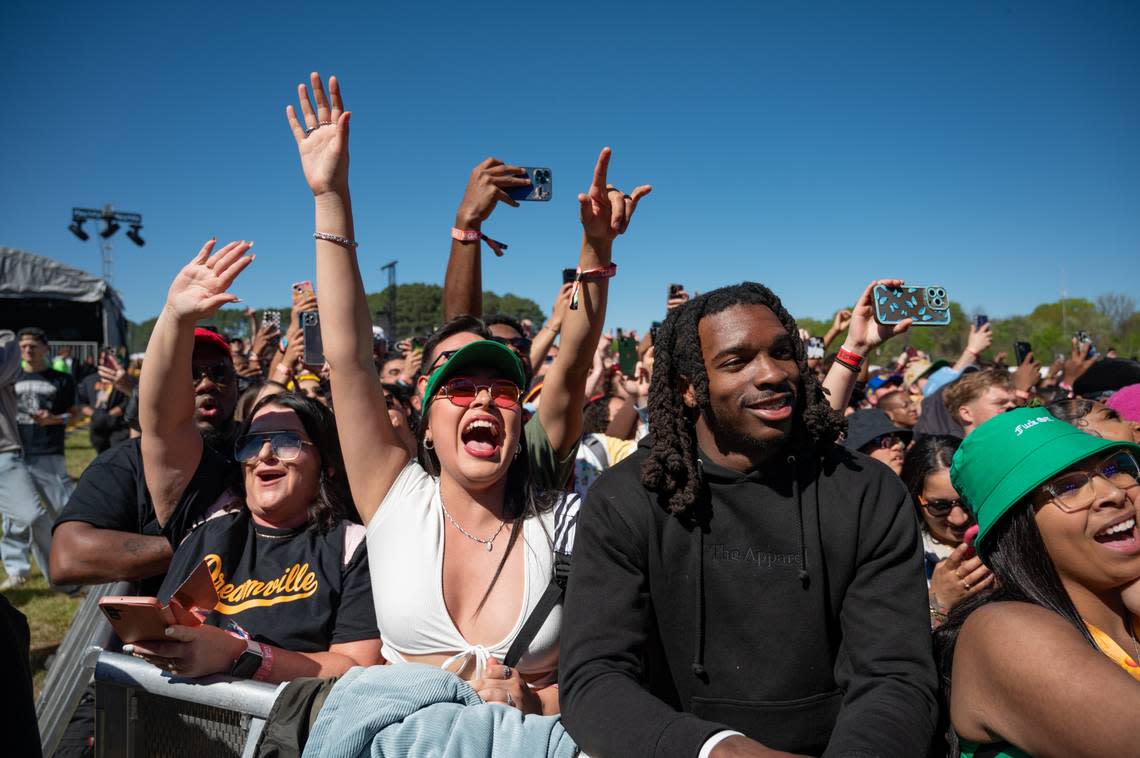 The crowd cheers for Earthgang on the first day of the Dreamville Music Festival at Dix Park in Raleigh, NC on Saturday, April 6, 2024. Heather Diehl