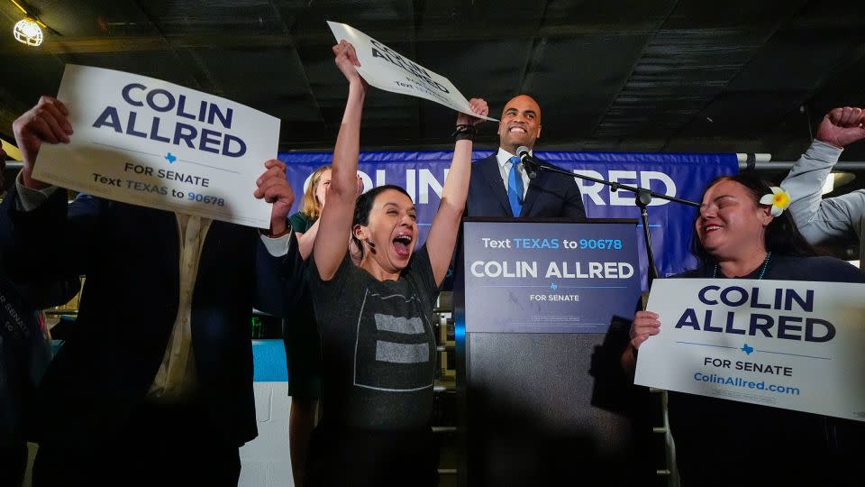 Supporters of Rep. Colin Allred react as he addresses them during an election night gathering on Tuesday in Dallas. - Julio Cortez/AP