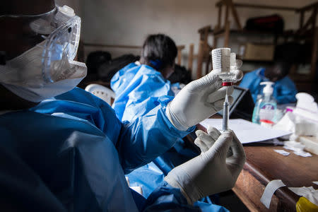 An ampule of one of the new therapeutics in Beni, Democratic Republic of Congo, August 25, 2018. WHO/Junior Kannah/Handout via REUTERS