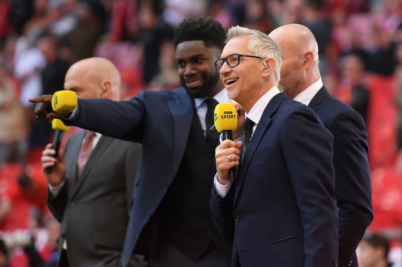 LONDON, ENGLAND - APRIL 16: Sports Broadcaster, Gary Lineker and pundit, Micah Richards react prior to The Emirates FA Cup Semi-Final match between Manchester City and Liverpool at Wembley Stadium on April 16, 2022 in London, England. (Photo by Michael Regan - The FA/The FA via Getty Images)