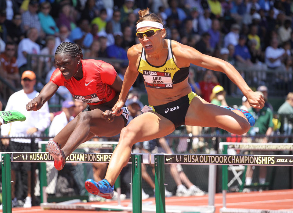 Lolo Jones clears a hurdle during the first round of the Women's 100 meter hurdles during the 2011 USA Outdoor Track & Field Championships at Hayward Field on June 25, 2011 in Eugene, Oregon. (Photo by Andy Lyons/Getty Images)