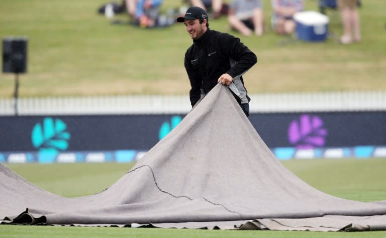 A groundsman covers the wicket as rain starts to fall during day two of the second Test match between New Zealand and the West Indies at Seddon Park