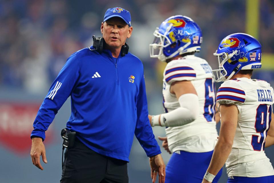 Kansas football coach Lance Leipold looks on during the first quarter of the Guaranteed Rate Bowl on Dec. 26, 2023 against UNLV at Chase Field in Phoenix.