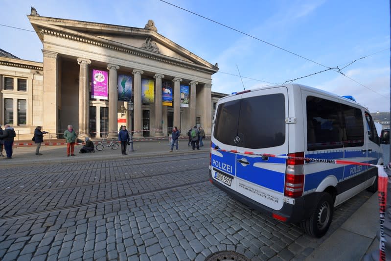 Police car parks outside Green Vault city palace after a robery in Dresden