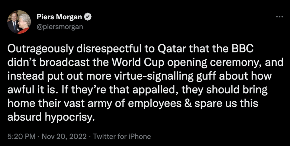 Piers Morgan wasn’t happy with the BBC’s coverage of the Qatar World Cup opening ceremony (Twitter)