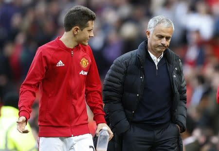 Britain Soccer Football - Manchester United v Stoke City - Premier League - Old Trafford - 2/10/16 Manchester United's Ander Herrera and manager Jose Mourinho at the end of the match Reuters / Russell Cheyne Livepic