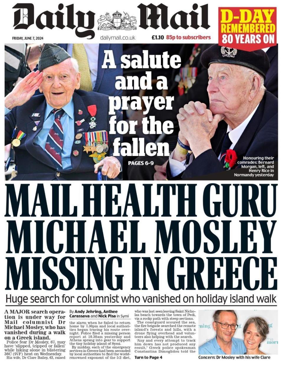 Mail health guru Michael Mosley missing in Greece, reads the Daily Mail
