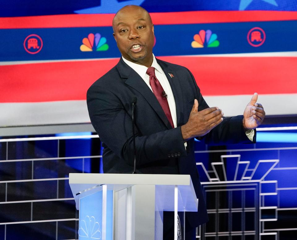 Nov 8, 2023; Miami, FL, USA; Senator Tim Scott of South Carolina during the Republican National Committee presidential primary debate hosted by NBC News at Adrienne Arsht Center for the Performing Arts of Miami-Dade County.. Mandatory Credit: Jonah Hinebaugh-USA TODAY