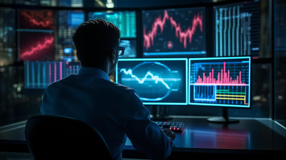 A data scientist sitting in front of a monitor to review the performance of AI-driven digital business solutions.