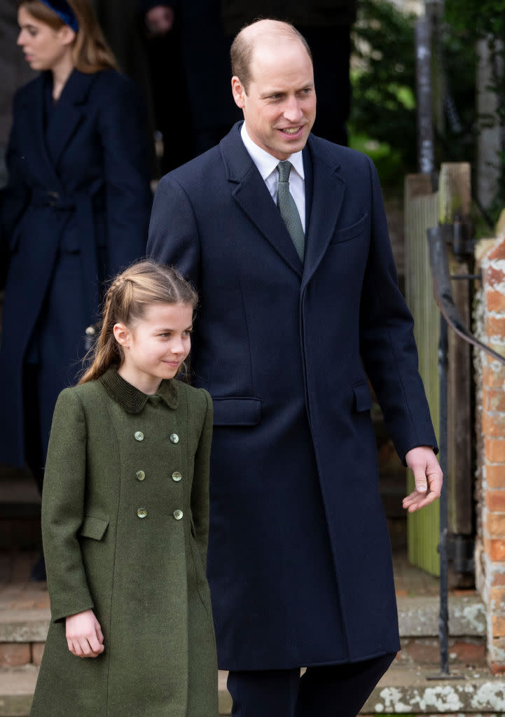 SANDRINGHAM, NORFOLK - DECEMBER 25:  Prince William, Prince of Wales and Princess Charlotte of Wales attend the Christmas Day service at St Mary Magdalene Church on December 25, 2023 in Sandringham, Norfolk. (Photo by Mark Cuthbert/UK Press via Getty Images)
