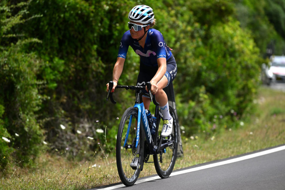 SASSARI ITALY  JULY 08 Floortje Mackaij of The Netherlands and Movistar Team competes in the breakaway during the 34th Giro dItalia Donne 2023 Stage 8 a 1257km stage from Nuoro to Sassari  UCIWWT  on July 08 2023 in Sassari Italy Photo by Dario BelingheriGetty Images