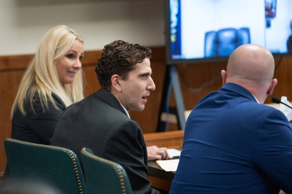 Bryan Kohberger, center, who is charged with murder in the November 2022 University of Idaho homicides, sits with his public defenders, Anne Taylor, left, and Jay Logsdon, at a pretrial hearing in September 2023.