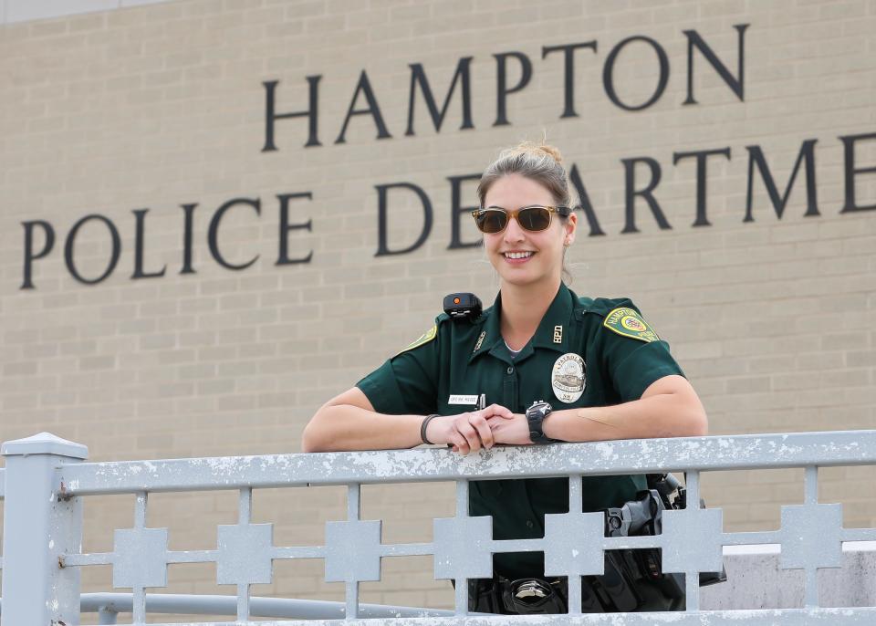 Hampton police officer Haley Magee is being recognized for the heroic rescue of a woman whom she pulled from the window of a burning car in Hampton.