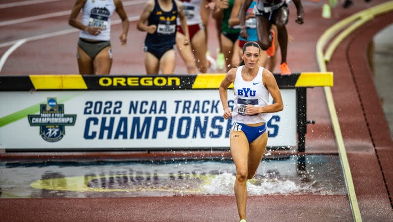 Latter-day Saint distance runner Courtney Wayment dominated the women’s steeplechase race at the 2022 NCAA track and field championships in Eugene, Oregon, on June 11, 2022.