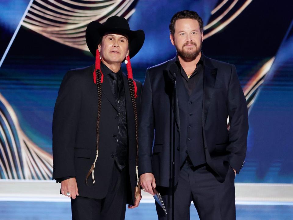 Mo Brings Plenty and Cole Hauser onstage at the 80th Annual Golden Globe Awards held at the Beverly Hilton Hotel on January 10, 2023.