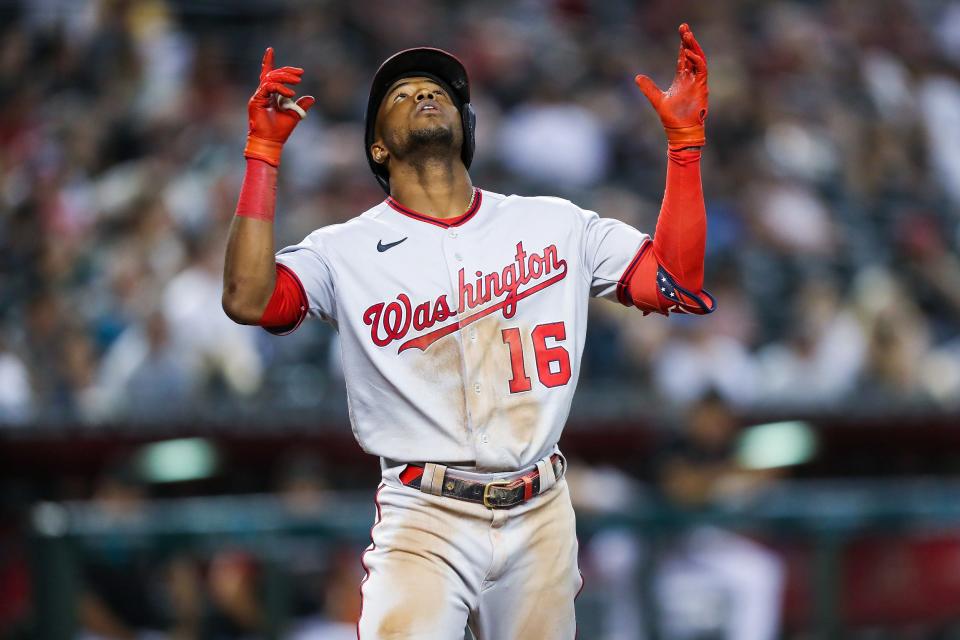 Washington Nationals center fielder Victor Robles (16) celebrates a home run against the Arizona Diamondbacks at Chase Field on Saturday, July 23, 2022, in Phoenix. The Washington Nationals lost the game 7 to 2.