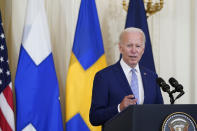 President Joe Biden speaks before signing the Instruments of Ratification for the Accession Protocols to the North Atlantic Treaty for the Republic of Finland and Kingdom of Sweden in the East Room of the White House in Washington, Tuesday, Aug. 9, 2022. The document is a treaty in support of Sweden and Finland joining NATO. (AP Photo/Susan Walsh)