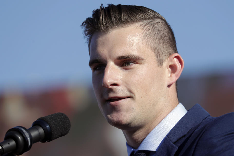 Bo Hines, Republican candidate for U.S. House District 13 from North Carolina, speaks to the crowd at former President Donald Trump's rally, Friday, Sept. 23, 2022, in Wilmington, N.C. (AP Photo/Chris Seward, File)