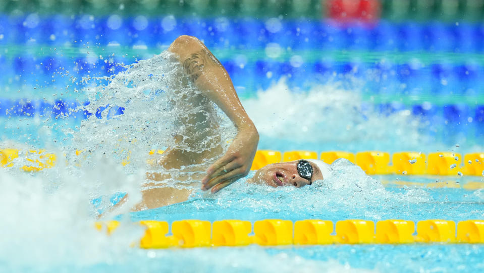 Mykhailo Romanchuk of Ukraine competes in the Men 800m Freestyle final at the 19th FINA World Championships in Budapest, Hungary, Tuesday, June 21, 2022. (AP Photo/Petr David Josek)