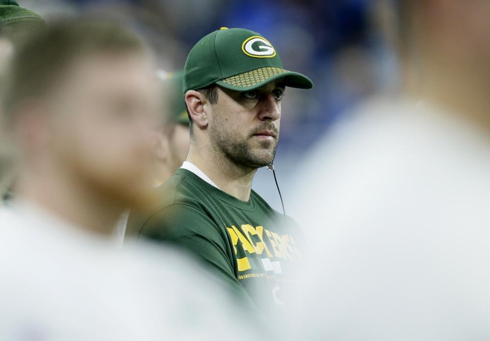 Green Bay Packers quarterback Aaron Rodgers watches from the sideline during the second half of an NFL football game against the Detroit Lions, Sunday, Dec. 31, 2017, in Detroit. (AP Photo/Duane Burleson)