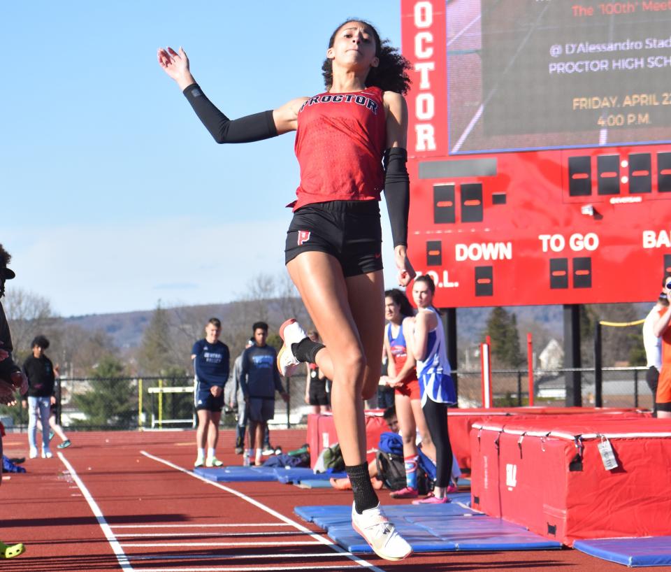 Proctor's Tamiah Washington, pictured competing at the 100th Lou Cook Peter DeStefano Invitational in Utica in April, won two Division I jumping events at the NYSPHSAA championship meet at Cicero-North Syracuse's Bragman Stadium.