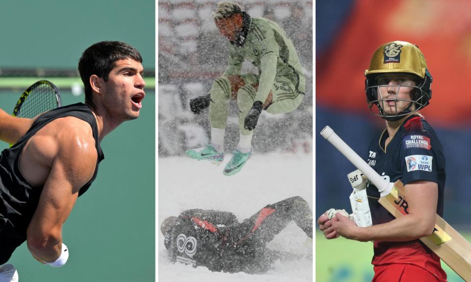 <span>Left to right: Carlos Alcaraz, a snowy football match and Ellyse Perry of Royal Challengers Bangalore.</span><span>Composite: USA Today; Sportzpics for WPL</span>