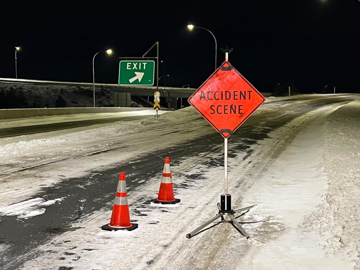 The passenger bus crash on Christmas Eve 2022 happened near the Loon Lake exit of Highway 97C between West Kelowna and Merritt in B.C.'s Southern Interior. (Jay Bertagnolli/CBC - image credit)