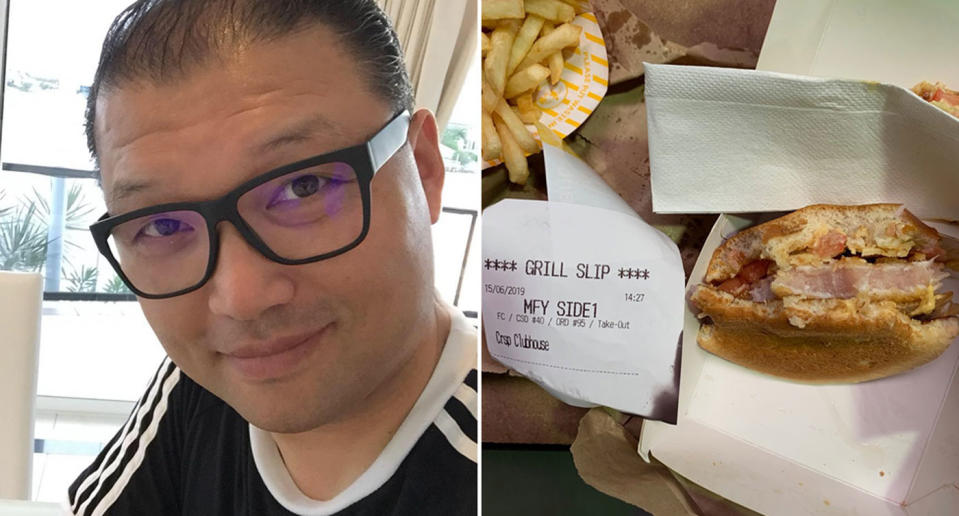 Pictured is Joseph Kim next to a McDonald's Clubhouse Chicken Burger he bought from an Upper Coomera restaurant. The meat seen inside the chicken is pink.